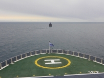 Le Commandnant Charcot under tow off Ittoqqortoormiit, Greenland