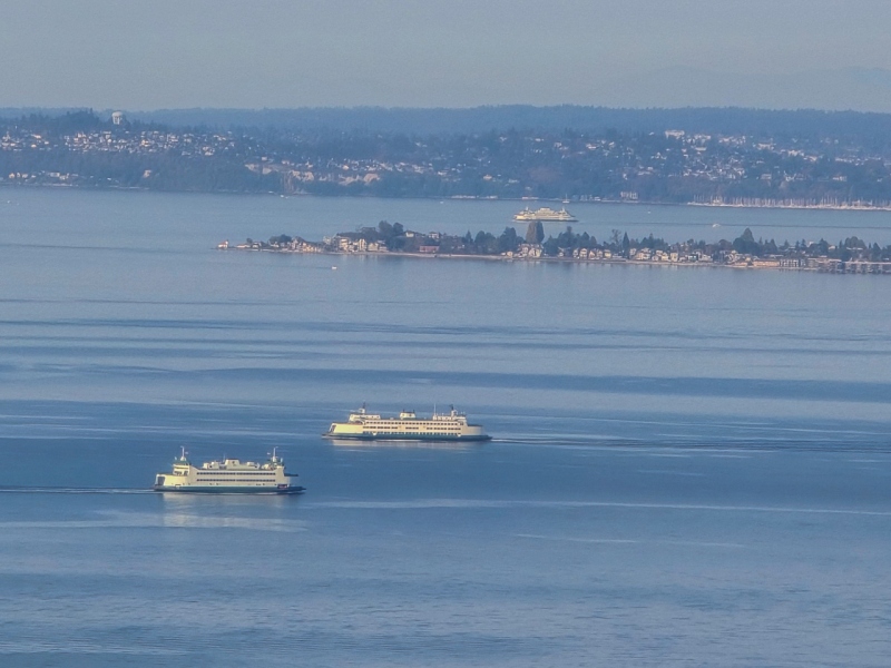 Ferries crossing Puget Sound on Helicopter Tour from Seattle